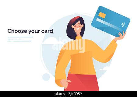 Illustrazione vettoriale raffigurante una donna che detiene una carta di debito o di credito Illustrazione Vettoriale