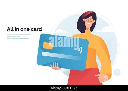 Illustrazione vettoriale raffigurante una donna che detiene una carta di debito o di credito Illustrazione Vettoriale