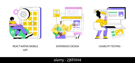 Set di illustrazioni vettoriali astratte del processo di sviluppo di app mobili. App mobile nativa React, progettazione di esperienze, test di usabilità, interfaccia utente, metafora astratta dell'architettura software. Illustrazione Vettoriale