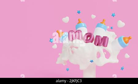 Festa del giorno delle madri felici, testo della mamma con biberon e spruzzi di latte, spazio di copia per aggiungere testo, rendering 3D. Foto Stock