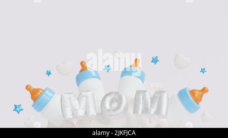 Festa del giorno delle madri felici, testo della mamma con biberon e spruzzi di latte, spazio di copia per aggiungere testo, rendering 3D. Foto Stock