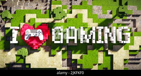 Adoro il banner di gioco in blocky low poly style graphic - 3D rendering Foto Stock