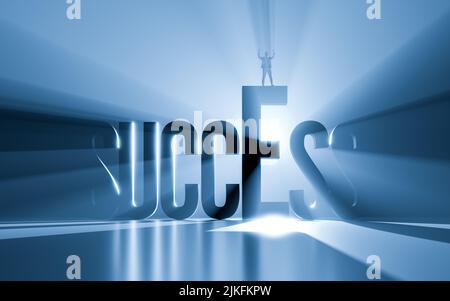 Successo dell'uomo d'affari - allietato il successo con le mani sollevate che si levano in piedi sulle lettere grandi DI SUCCESSO - concetto del successo umano - 3D rendono Foto Stock