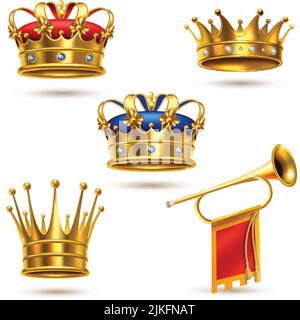 Royal cerimoniale corona d'oro collezione e fanfare heralding tromba realistico immagini impostazione sfondo bianco immagine vettoriale isolata Illustrazione Vettoriale