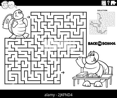 Illustrazione cartoon in bianco e nero di gioco di puzzle labirinto educativo per bambini con pupilla tartaruga andare a scuola colorare pagina Illustrazione Vettoriale