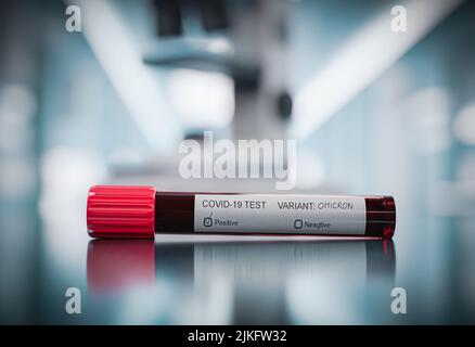 Flaconcino per il test del sangue del coronavirus - esame del sangue positivo per la varianza OMICRON - resa 3D Foto Stock