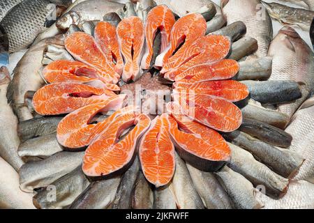 Pesce fresco fresco e filetto sul ghiaccio al banco del supermercato di pesce. Diversi tipi di pesce e di mare. Foto Stock