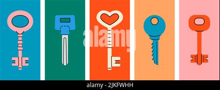 Set di diverse silhouette di tasti della casa. Poster diversi con chiavi della casa. Varie chiavi delle porte isolate su sfondo colorato. Illustrazione della sicurezza domestica Illustrazione Vettoriale
