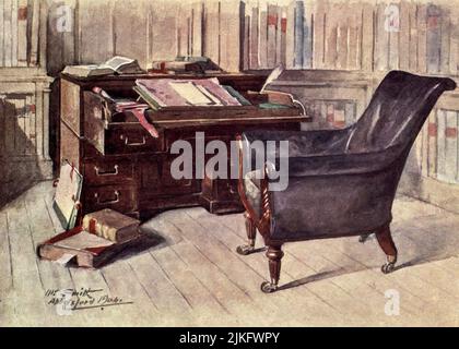 Sir Walter Scott's Desk e 'Elbow-chair' nello studio, Abbotsford dipinta da William Smith, jr., dal libro ' Abbotsford, ' di W.S. Crockett Data di pubblicazione 1905 Editore London Adam and Charles Black Abbotsford è una storica casa di campagna ai confini scozzesi, vicino a Galashiels, sulla riva meridionale del fiume Tweed. Ora aperta al pubblico, fu costruita come residenza di romanziere storico e poeta Sir Walter Scott tra il 1817 e il 1825. Si tratta di un edificio classificato di Categoria A e la proprietà è elencata nell'inventario di giardini e paesaggi progettati in Scozia Foto Stock