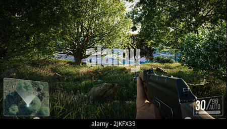 Concetto screenshot del gioco di guerra sparatutto in prima persona - uomo che corre con AK-47 fucile attraverso la foresta lussureggiante - illustrazione 3D Foto Stock