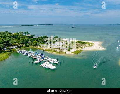 Vista aerea del Northampton Colony Yacht club, porto di Sag, ny Foto Stock