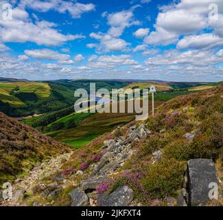 Cartello sopra il lago artificiale di Ladybower visto dall'alto, da Derwent Edge, Peak District National Park, Derbyshire, Regno Unito Foto Stock
