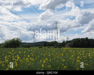 Piloni elettrici in un campo di colza contro un cielo blu nuvoloso e sole. Alberi in lontananza. Foto Stock
