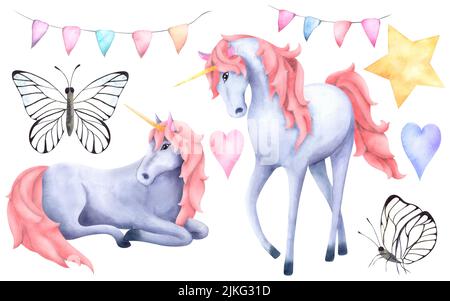 Una serie di illustrazioni acquerello per bambini con unicorno magico, farfalle, bandiere e stelle. Per design, cartoline, stampe, packaging, logo Foto Stock