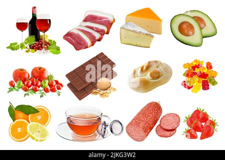 Collage e vari alimenti con istamina isolato su sfondo bianco Foto Stock