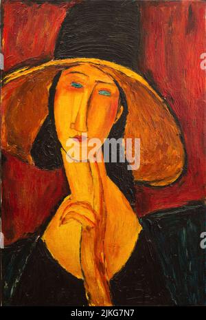 Bella immagine olio su tela. Ritratto di una donna in un cappello. Copia gratuita basata sul famoso dipinto di Amedeo Modigliani. Foto Stock