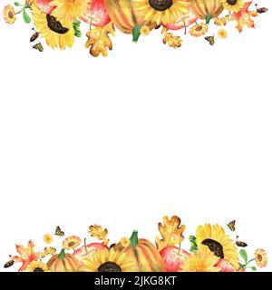 Una composizione di giardino d'autunno. Illustrazioni acquerello sul tema della vendemmia autunnale. Il giardino confina con girasoli, foglie di acero e quercia, acor Foto Stock
