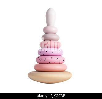 Piramide in legno pastello per bambini isolato su sfondo bianco. Giocattolo per bambini per attività di impilamento. Foto di alta qualità Foto Stock