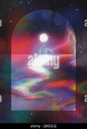 Retro Future Space Nostalgia marmo fluido Arte astratta con sole splendente su un tramonto dell'oceano arcobaleno attraverso una finestra cosmica ad arco Foto Stock