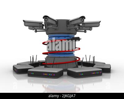 3d rendering del database collegato via cavo aux intorno al modem wifi Foto Stock