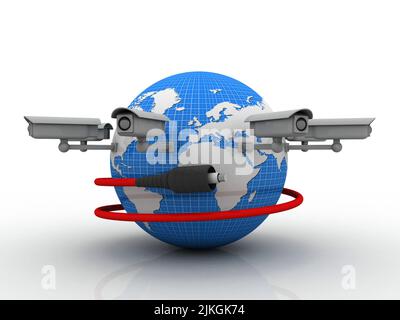 3D cavo di rendering aux con CCTV collegato Globe Foto Stock