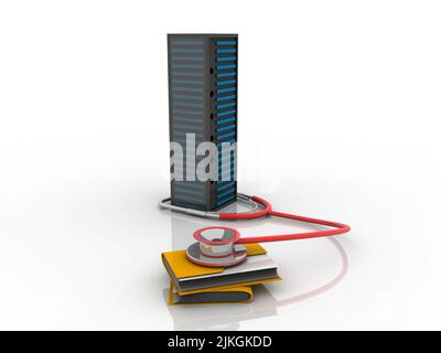 3D illustrazione stetoscopio connesso al server del centro dati e alla cartella Foto Stock