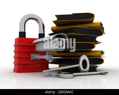3D rendering della cartella gialla e del blocco. Concetto di sicurezza dei dati sotto la telecamera CCTV Foto Stock
