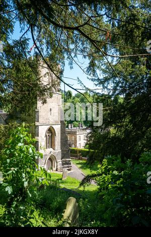 Vista attraverso gli alberi della Chiesa di St Peters a Dyrham nel Cotswolds Inghilterra Foto Stock