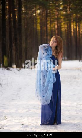 Un colpo verticale di una bella donna che indossa un lungo vestito blu nel mezzo di una foresta innevata Foto Stock