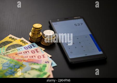 Dettaglio del LEI e calcolatore rumeno di soldi Foto Stock