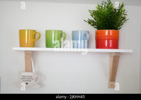 Un primo piano di tazze di caffè colorate e una pianta nella sua pentola rossa su una mensola da parete Foto Stock