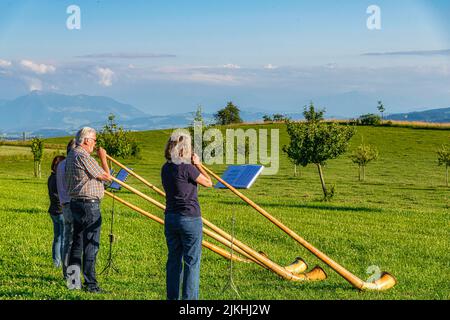 Gruppo di musicisti che suonano l'Alphorn tradizionale nella Regione di Appenzell, Svizzera Foto Stock