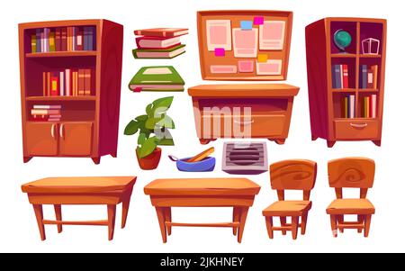 Set interno per aule, arredamento per scuole o università, scrivanie e sedie per studenti, pensiline e libri in armadio, oggetti di spazio per lo studio, Cartoon vettore illustrazione isolata Illustrazione Vettoriale