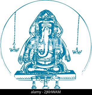 Disegno o schizzo del contorno di Lord Ganesha e illustrazione modificabile Silhouette Foto Stock