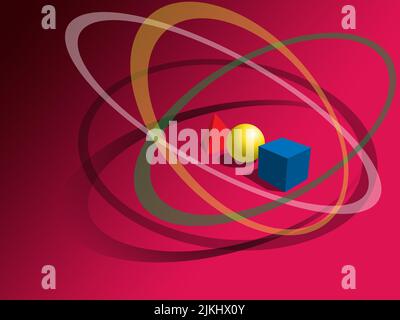 Illustrazione astratta di forme geometriche 3D multicolore con cerchi parabolici colorati su sfondo rosa Foto Stock