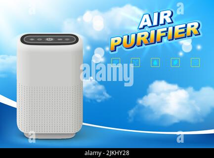3d dispositivo di umidificazione ad aria vettoriale realistico per la casa. Sistema di pulizia per ambienti, ionizzatore e sistema pubblicitario. Apparecchio domestico per micr domestici sani Illustrazione Vettoriale