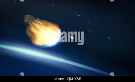 asteroide incandescente nello spazio profondo 3D illustrazione Foto Stock