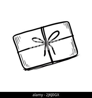 Confezione regalo disegnata a mano con carta artigianale, vista dall'alto. Stile del doodle dello schizzo. Illustrazione del vettore isolato a scatola. Illustrazione Vettoriale