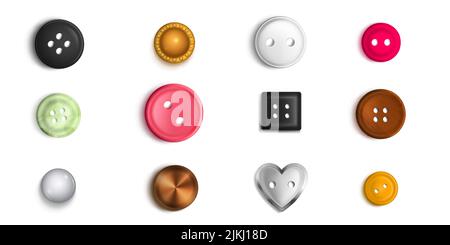 Bottoni per cucire con fori e design solido. Collezione di abiti a chiusura multicolore accessori plastica isolati elementi decorativi. Abbigliamento artigianale utensili da lavoro a mano, realistico set vettoriale 3D Illustrazione Vettoriale