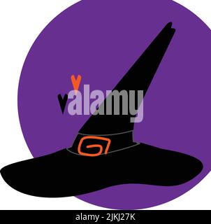 Cappello da strega sullo sfondo di una macchia di colore viola con elementi a forma di cuore nelle tonalità di Halloween. Modello per lettere, sfondo per web, poster, biglietti, brochure, flier. Illustrazione Vettoriale