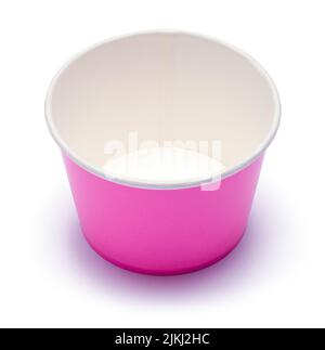 Tazza di carta rosa tagliata su bianco. Foto Stock