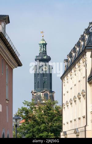 Weimar, Turingia, sinistra Casa di Frau von Stein, destra Duchessa Anna Amalia Biblioteca, Torre del Castello Foto Stock