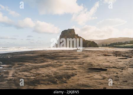 Una splendida vista panoramica della formazione rocciosa contro il cielo blu, Piha Beach, Auckland, Nuova Zelanda Foto Stock