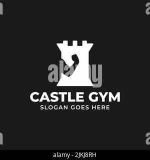 Illustrazione vettoriale del disegno del logo della palestra del castello con silhouette del castello e del bicep, migliore per la vostra icona, marchio del logo o azienda Illustrazione Vettoriale