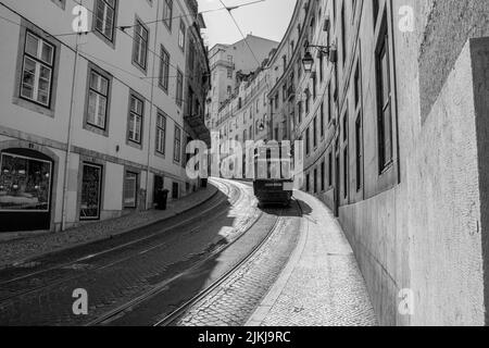 Uno scatto in scala di grigi di un tram a Lisbona in giro in una strada vuota Foto Stock