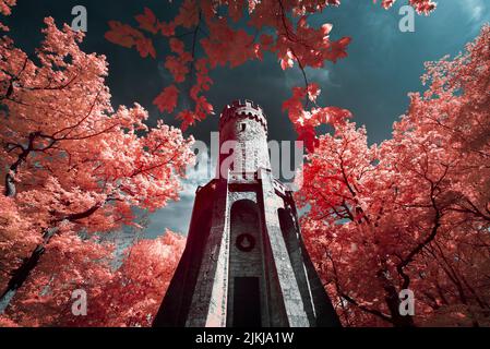 Torre forestale vicino a Jena circondata da alberi decidui in immagine a infrarossi di falsi colori (1) Foto Stock