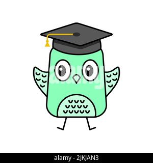 Il carino Owl celebra il diploma. Gufo Kawaii con tappo del college. Buon allegro gufo uccello salto. Divertente personaggio cartoon. Formazione degli studenti. Vettore Illustrazione Vettoriale