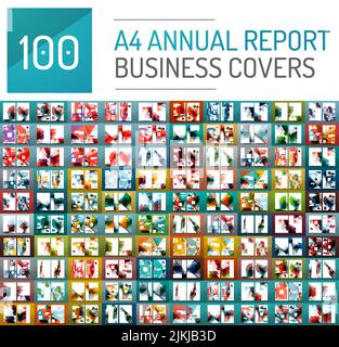 Mega raccolta di 100 business report annuale brochure, modelli di formato A4 copre creato con geometrica modelli moderni - piazze, linee, triangoli, w Illustrazione Vettoriale