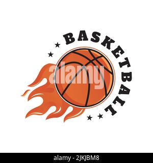 Torneo di basket logo simbolo sul fuoco, American Basketball, club di basket, emblema, design con palla. Illustrazione vettoriale badge sportivo, sp Illustrazione Vettoriale