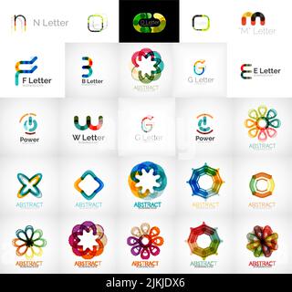 Set di loghi aziendali astratti universali - icone, swirls, lettere, simboli web, loop e altro Illustrazione Vettoriale